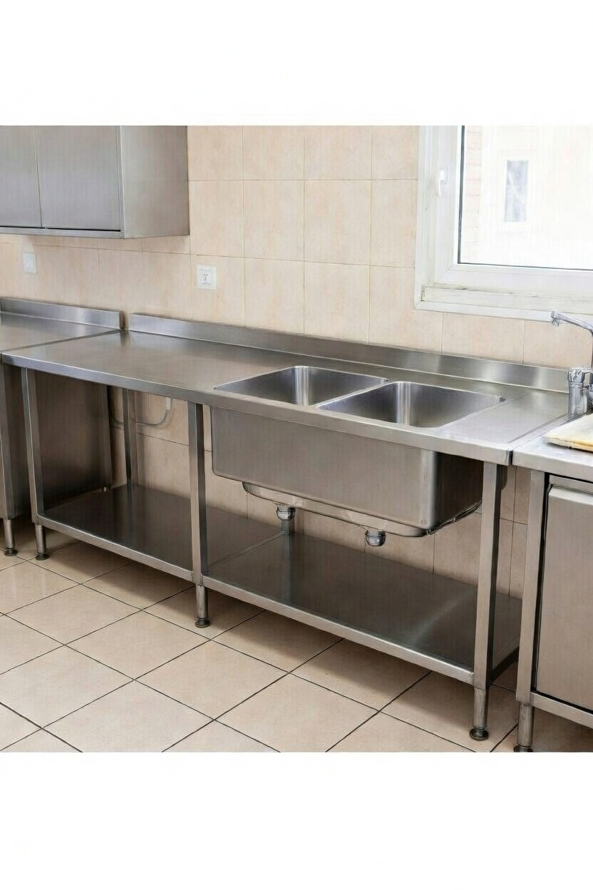 Çift Evyeli Paslanmaz Çelik Çalışma Tezgahı Alt Raflı 150 cm